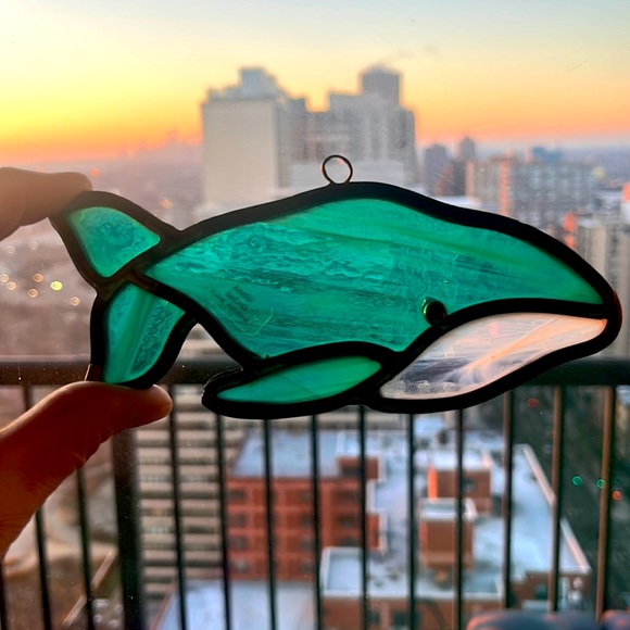 Vintage Leaded Stained Glass Turquoise Whale from Lahaina, Maui - Picture 2 of 3